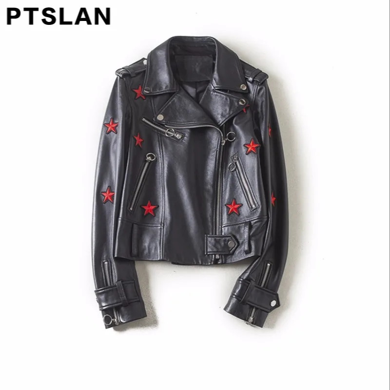 Ptslan 2017 font b Women S b font Genuine Leather font b Jacket b font Motorcycle