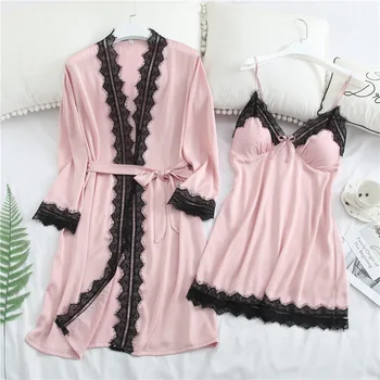 

Burgundy Lady Lace Nightwear Casual Home Clothes Faux Silk Robe Set Spring New 2PCS Sleepwear Sexy Kimono Bath Gown M L XL
