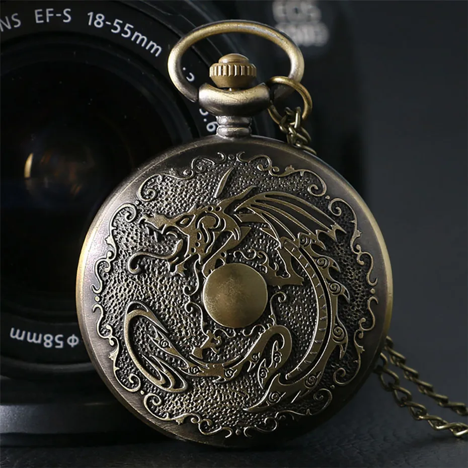 Античный бронзовый злой Дракон огонь кварцевые карманные часы цепочки и ожерелья мужские часы Подарочная коробка набор