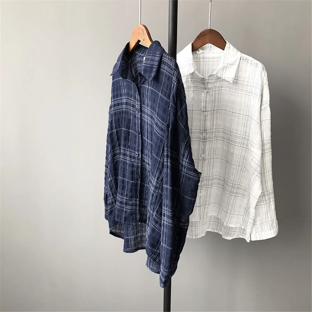 High quality Loose Plaid Women Blouse Shirt Spring Woman Blouses Boyfriend style Lady Elegant Tops Large Casual Chiffon Blusas (5)