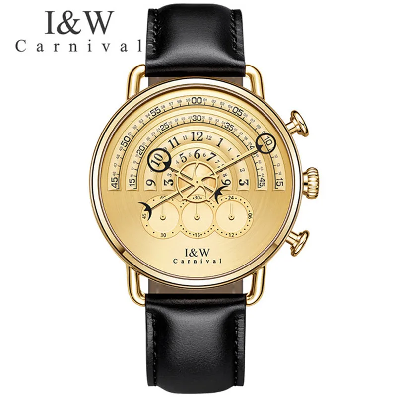 

Carnival I&W Fashion Mens Watches Top Brand Luxury Leather Strap Quartz Watch Men Gold Male Clock Wristwatches Relojes Hombre