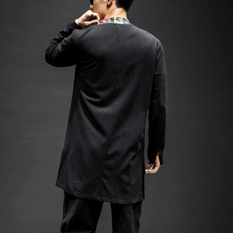 2019 Spring Traditionao Han Fu Coat Linen Men Long Dust coat Chinese Style Loose Printed Clothing Plus size trenches mens