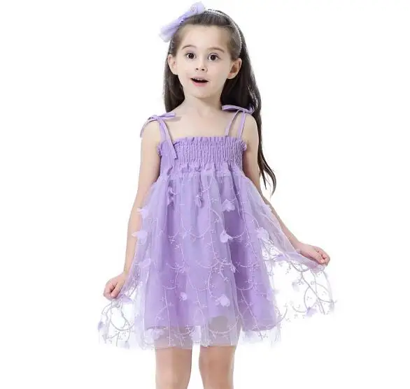

Kids Floral Party Princess Dresses Children Clothing Costume Lavender Pink Purple Beige Baby Girl Clothes Summer Dress