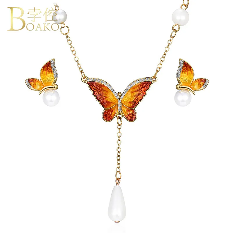 

2019 New Yellow Green Butterfly Jewelry Sets For Women Enamel Insect Animal Pendant Necklace Women Earrings Sets Party Gifts R5G