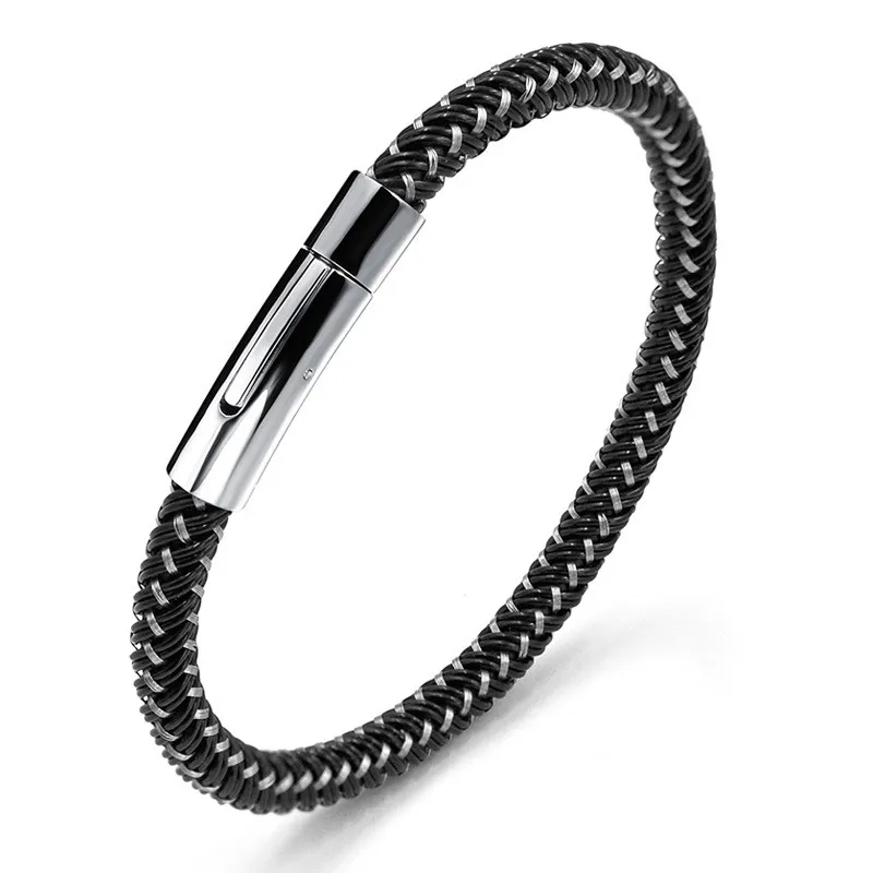 Wholesale wire cable Genuine Leather Bracelet Men Stainless Steel Leather Braid Bracelet With