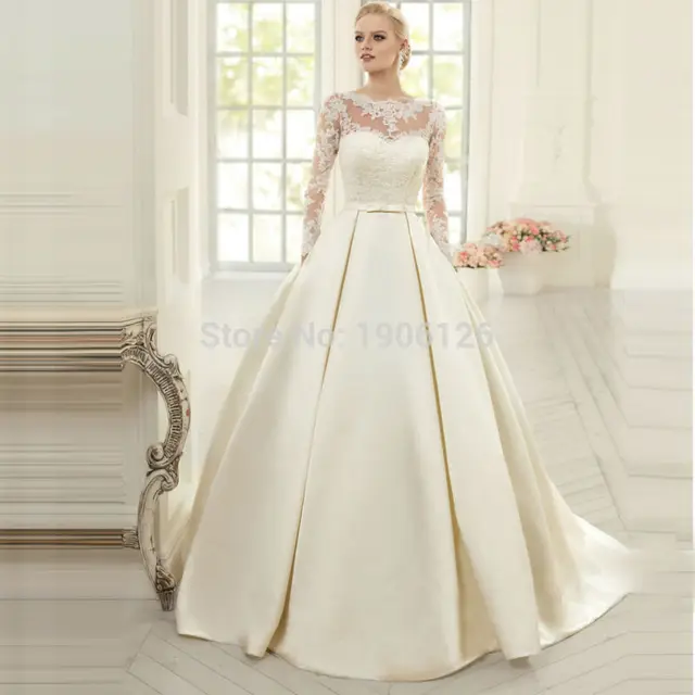 Hot Off White Long Sleeve Wedding Dress Satin Ball Gowns Bride Hot Off White Long Sleeve Wedding Dress Satin Ball Gowns Bride Dresses Lace Corset Back