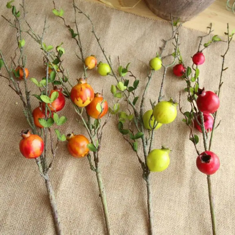 

New Artificial Pomegranate Fruit Leaves Branch for Flower Arrangement Foam Fake Pomegranate Fruit for Living Bed Room Decoration