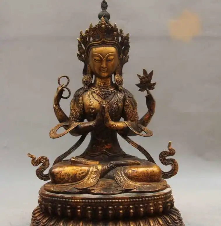 17 Tibet Buddhism Bronze Copper Kwan yin Four arm Guanyin Bodhisattva Statuestatuestatue