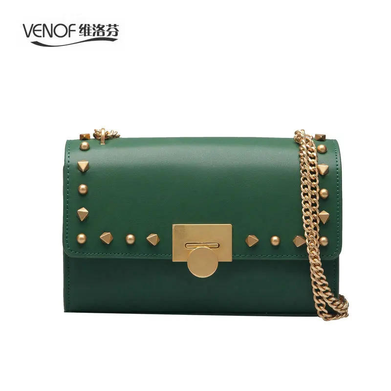 

VENOF Fashion retro rivet Baguette chain hard leather shoulder bags luxury women handbags elegant crossbody Bags for women 2018