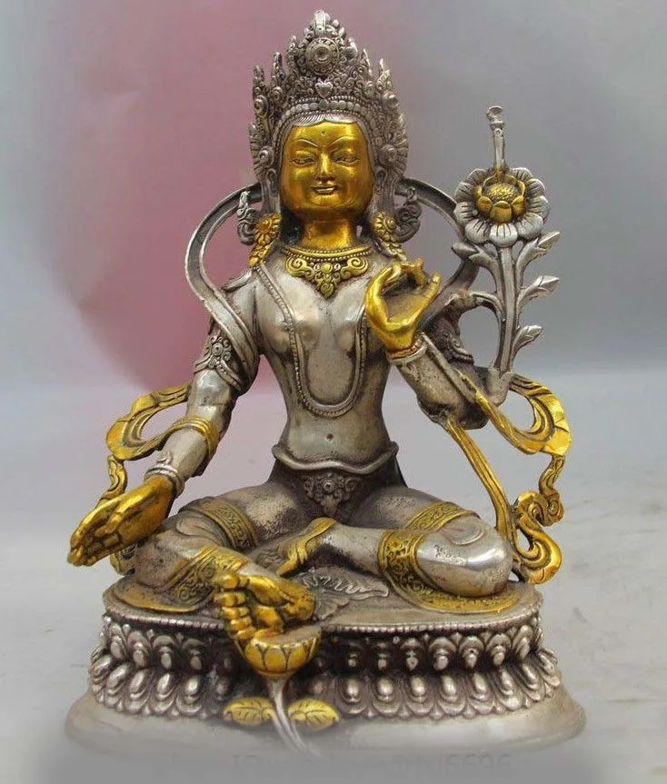 

Tibet Buddhism White Copper Silver Fane Green Tara Kwan-yin Guanyin Bodhisattva SD 506