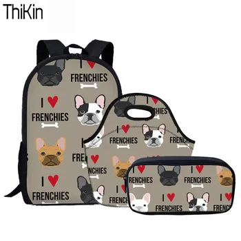 

THIKIN Children Schoolbag 3Pcs/set French Bulldog School Large Book Bag Cute Students Casual Backpack For Teenagers Girls Boys