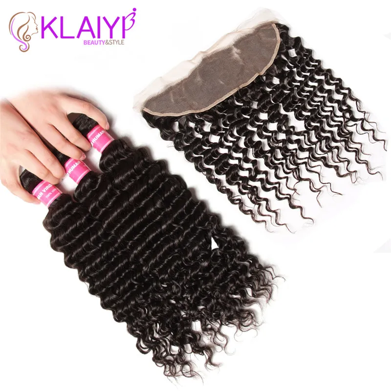 Klaiyi Malaysian Human Hair 3 Bundles With Lace Frontal Closure Human Remy Hair Natural Black Free Part Frontal Closure