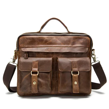 

New Men's Genuine Leather Briefcase Vintage Cow Leather Cowhide Oil Wax Laptop Computer Bag Handbag Messenger Shoulder Bag Tote