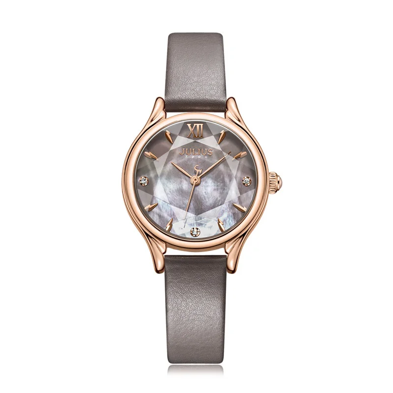 Перламутровые женские часы Япония Кварцевые элегантные модные часы браслет из натуральной кожи часы девушки подарок на день рождения Julius Box - Цвет: Серый