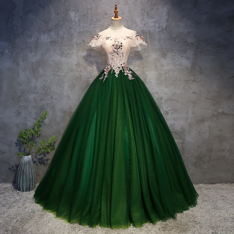 Темно-зеленые пышные платья Топ шампанского Прозрачное платье с открытыми плечами бальное платье vestidos De Quince Anos