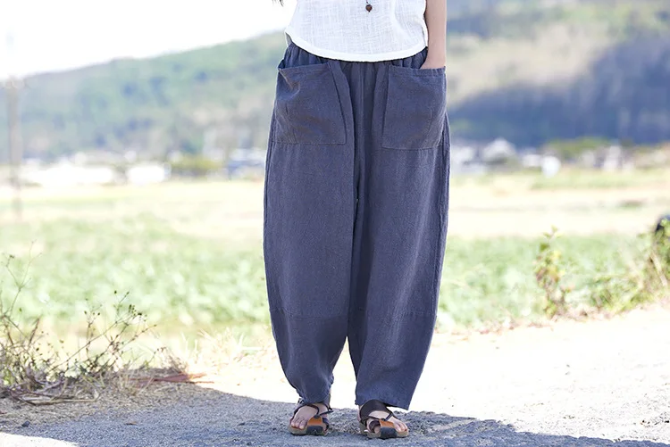 LZJN Baggy Pantalon Women Loose Ankle length Pants Linen Wide Leg Ladies Casual Sand Wash Summer Cool Baggy Trousers with Pocket (38)