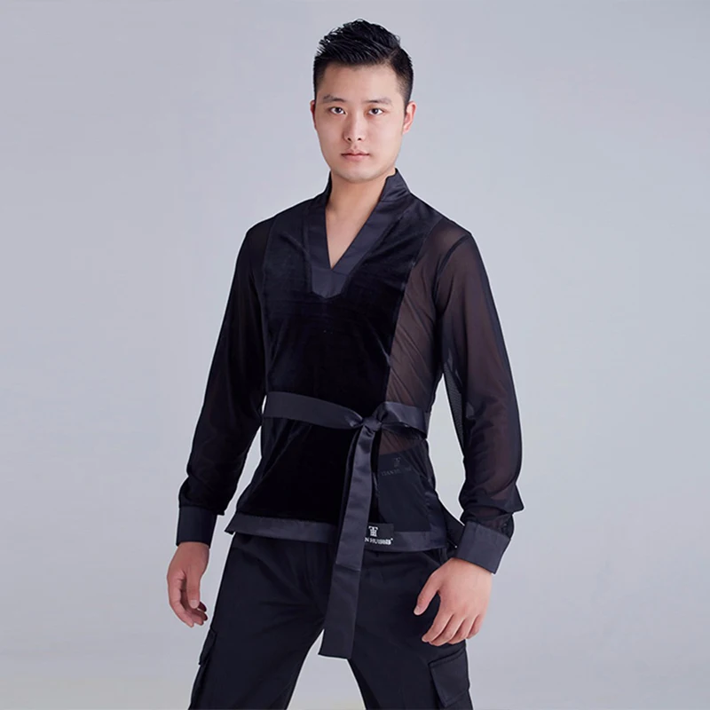 

Free Shipping Latin Dancing Shirt For Male Black Long Sleeve Novel Velvet Tops Wear Men Arena Modern Ball Ballroom Clothes 15049