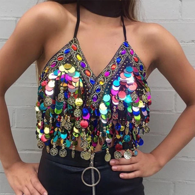 Sequin Halter Bra Top Belly Dance Boho Festival Top Clubbing