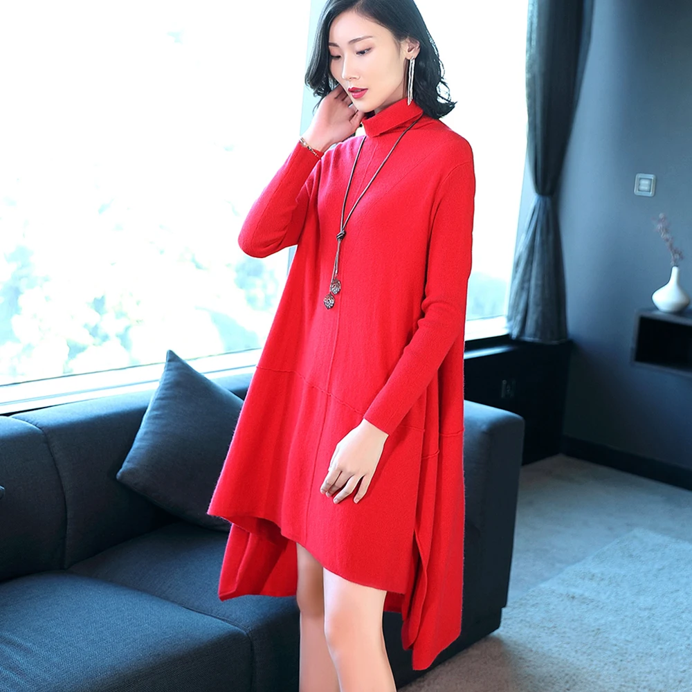 

Fashion Turtleneck Loose Female Work Elegant Solid Color Red Straight Casual Dress ETM033