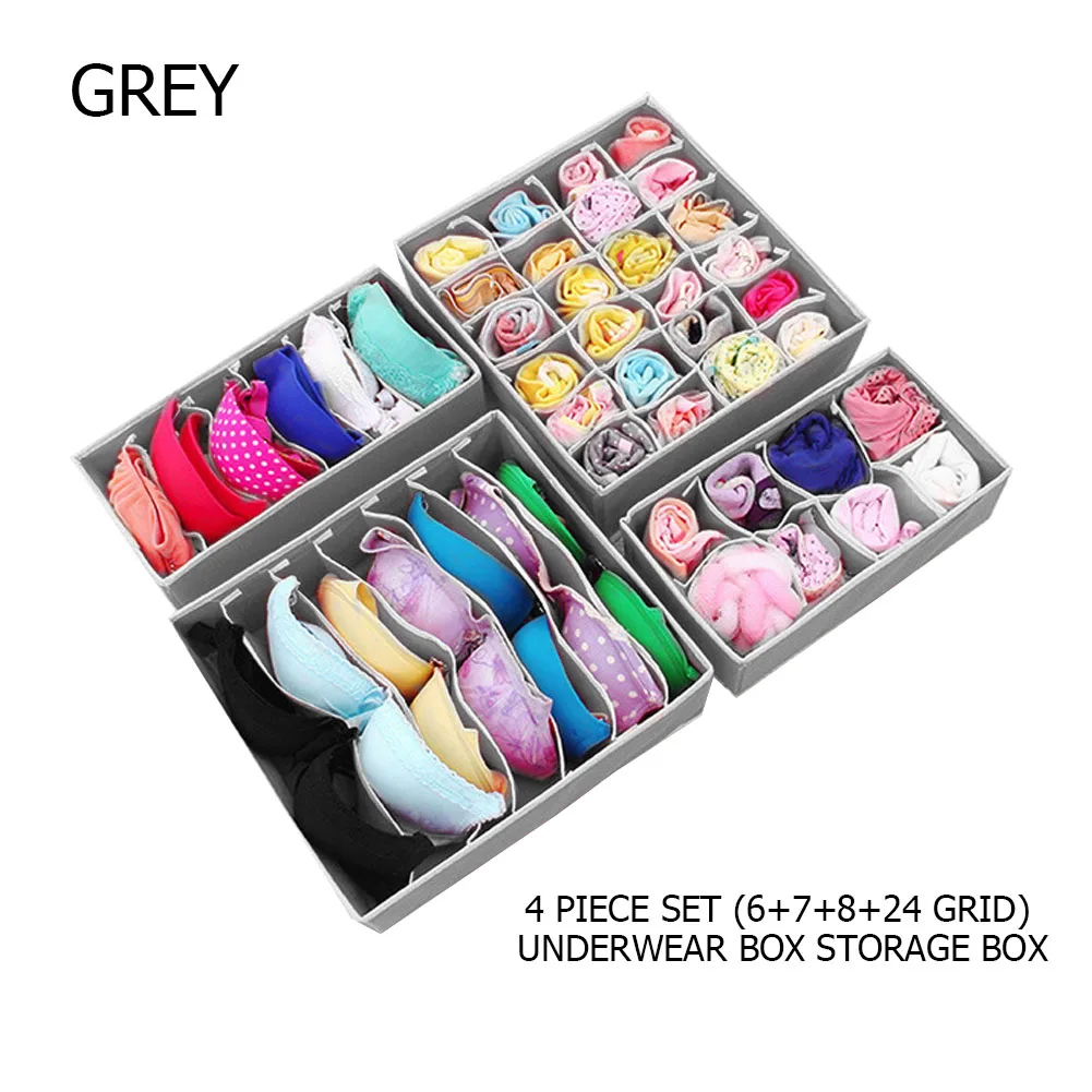 4Pcs Foldable Storage Boxes Underwear Divider Drawer Lidded Closet Organizer Interior Organizador For Ties Socks Shorts Bra J16 - Цвет: Grey