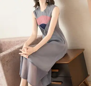 

Summer printed dress round collar slim short sleeve temperament in long age-reducing pleated dress free shipping