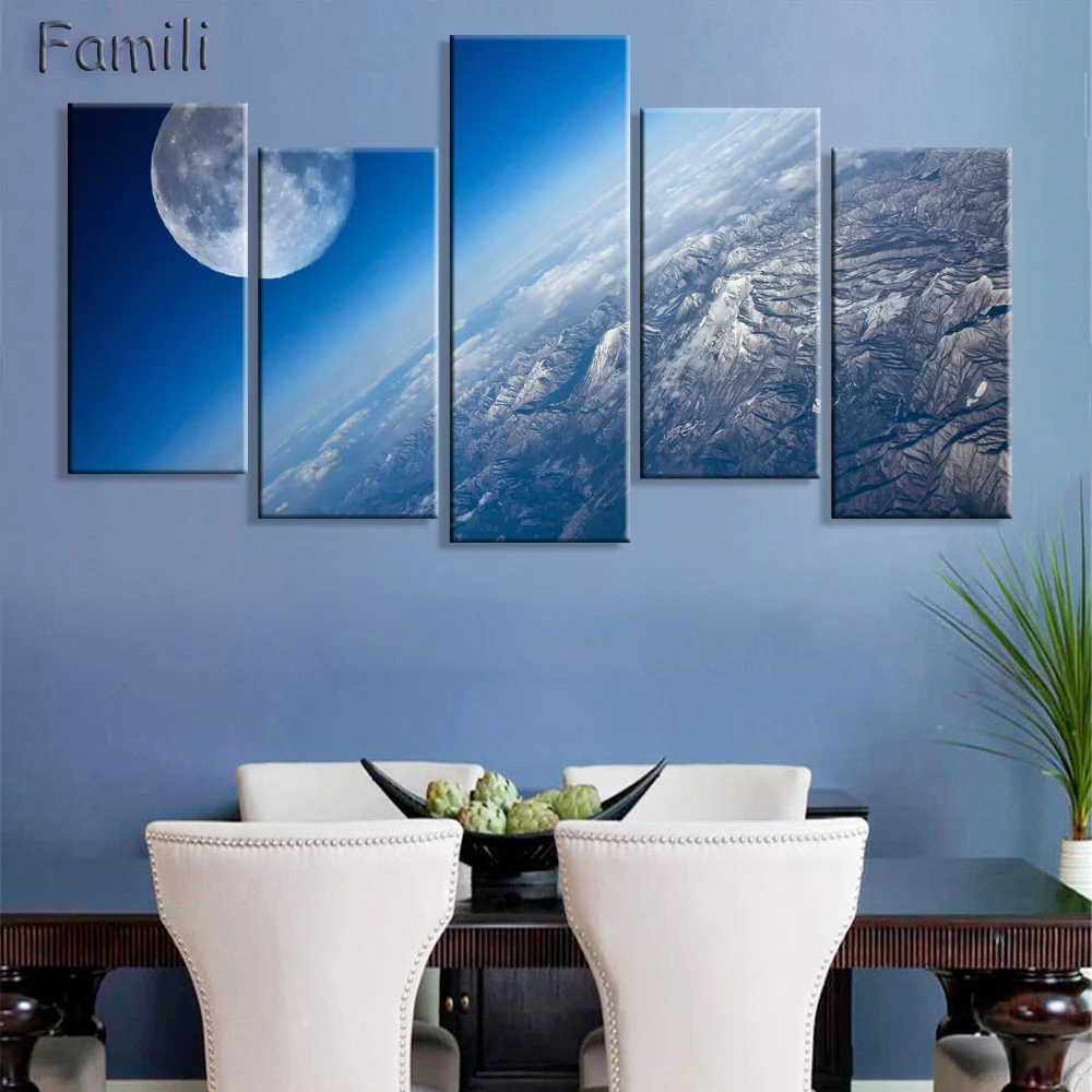 

5Panel Landscape Space overlooking the Earth Prints on Canvas Painting Modern Starry Sky with Earth Wall Picture Home Decor