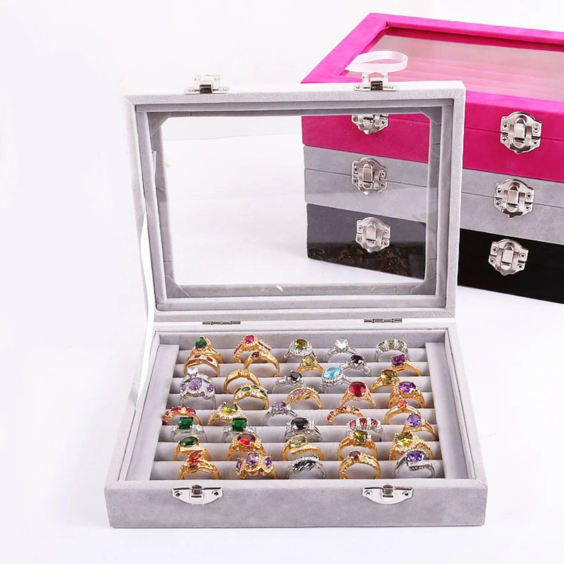 

Velvet Gray Carrying Case with Cover Jewelry Ring Display Box Tray Holder Storage Box Organizer Valentine's Day Gifts For Women