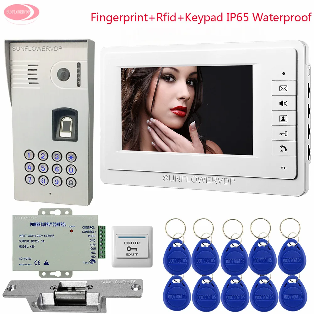 

Video Intercom 7" Color Monitor IP65 Waterproof Video Doorbell Fingerprint Rfid Keypad Intercoms Home Security + Electronic Lock