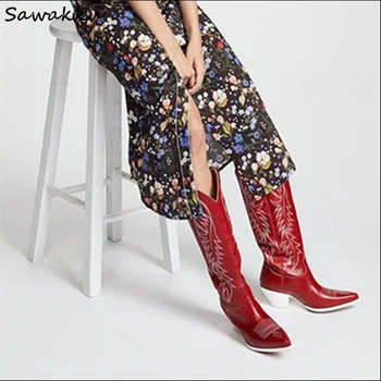 

New Design Kendall Style Women Knee High Boots Autumn Winter Genuine Leather Slip On Runway Shoes Embroider Chunky High Heels