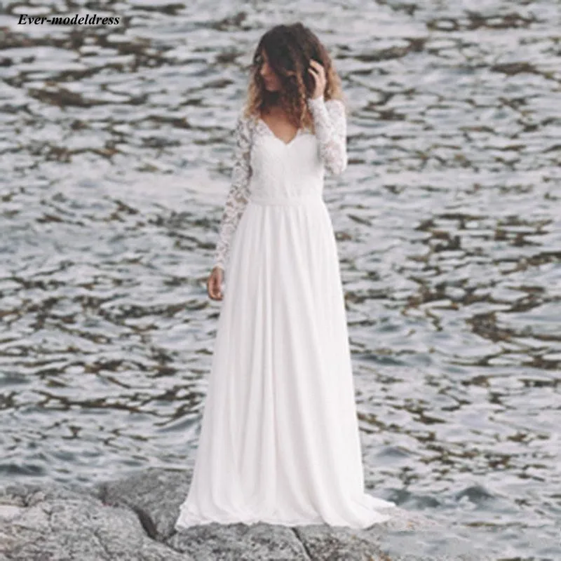 Vestido de Novia, длинный рукав, кружевной топ, открытая спина, трапециевидный шлейф, простые пляжные свадебные платья, свадебные платья, дешевые, на заказ