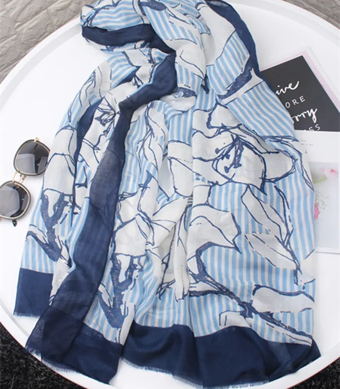 

KYQIAO BLUE hijab scarf women autumn spring original design long blue floral head scarf wraps shawl neckerchief birthday gifts