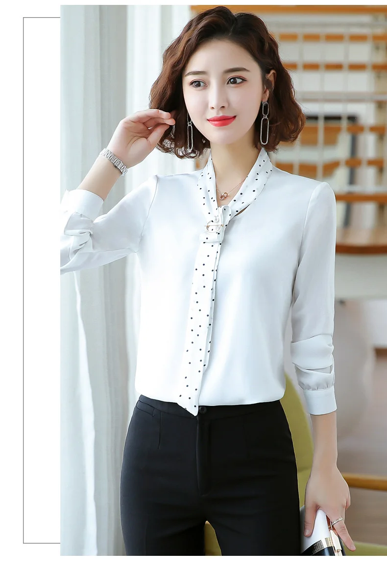 Элегантный галстук рубашка для женщин осень длинный рукав шифон женская одежда для офиса темперамент свободные топы белый