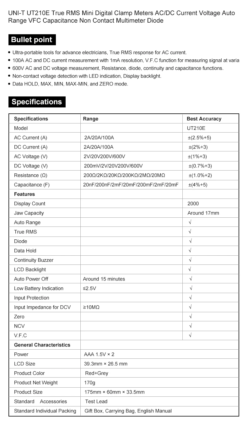 Uni-t Мини цифровой клещи мультиметр UT210E ручной RMS AC/DC Мини цифровой клещи Измеритель сопротивления емкости