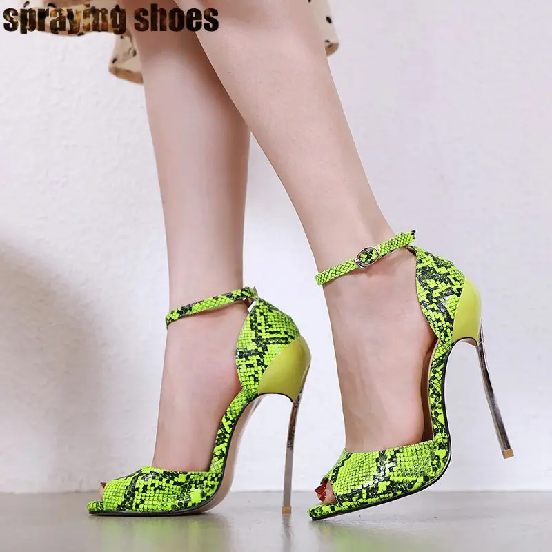 

Trendy Women Sexy Peep Toe Snakeskin Neon Green 15CM High Heels Summer Sandals Buckle Strap Platform Ladies Sandals Party Shoes