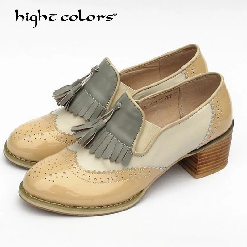 Высота цветов туфли-оксфорды для Для женщин британский стиль Туфли без каблуков броги женская кожаная обувь ручной работы бахромой Туфли-оксфорды F63
