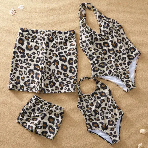 

Summer Family Matching Swimwear Sets Girls Mother One-Piece Leopard Print Bikini Monokini Boys Father Swim Trunks Bathing Suit