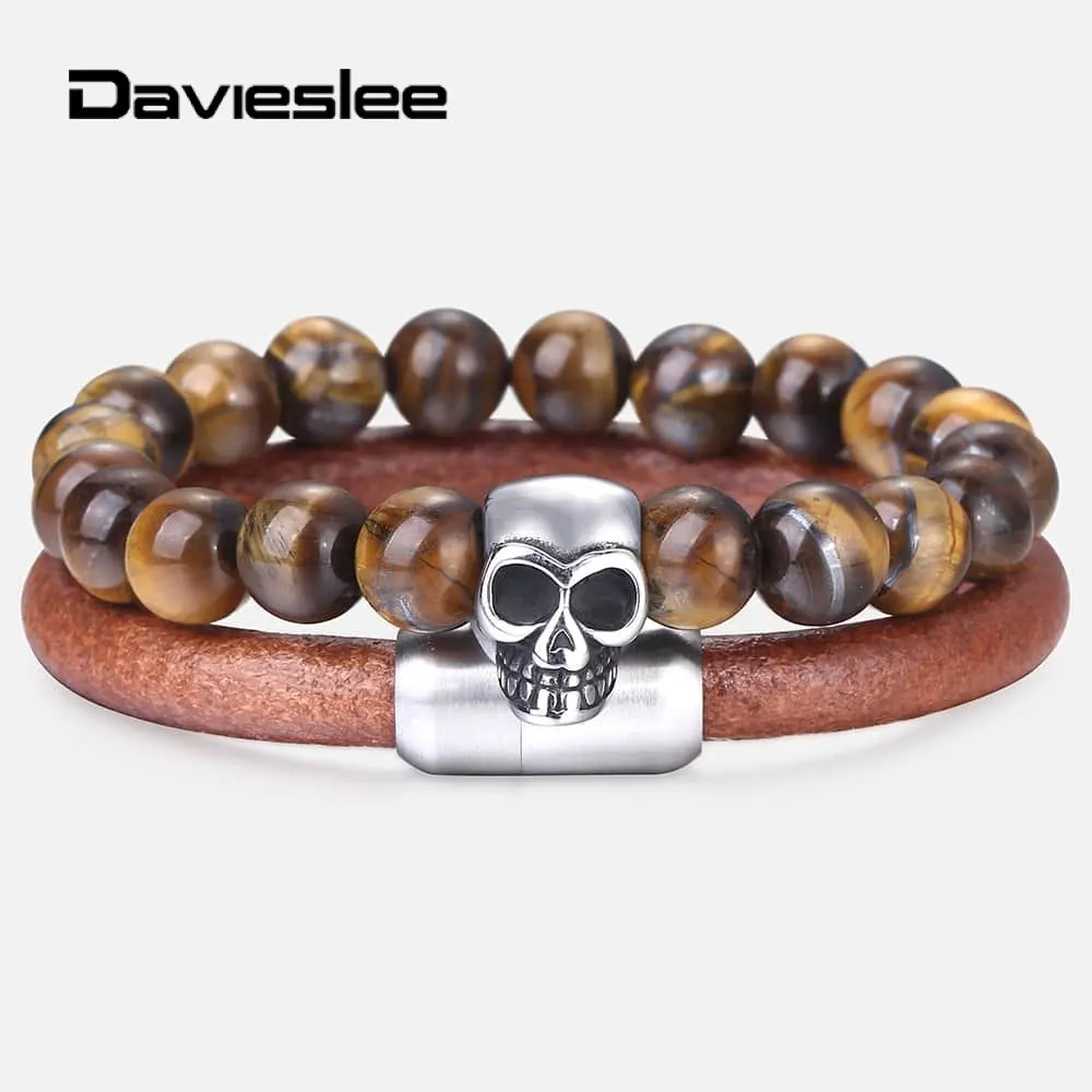 

2Pcs/Set Yellow Tiger Eye Stone Leather Bracelet for Men Boy Stainless Steel Bracelet Wristband Punk Jewelry Wholesale DDLBF37
