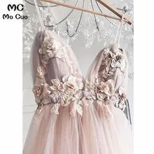 Сексуальные Вечерние платья Длинные глубокий v-образный вырез Спагетти ремни Аппликации свадебный букет Тюль Формальное вечернее платье для женщин