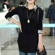 women long Pullover knitwear jumper tops shirt collar tartan design loose knitted sweater coat Spring Autumn mulheres pulover