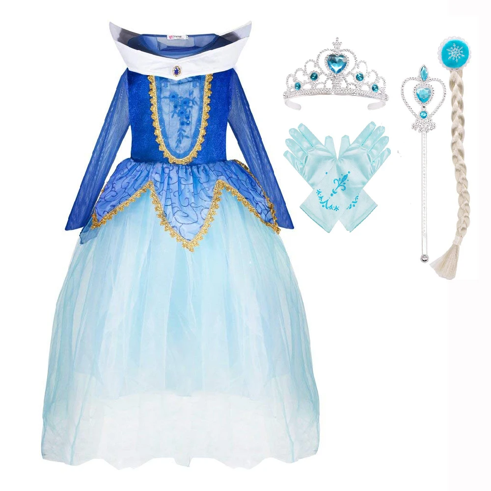 

Pearl Diary Sleeping Beauty Costume Aurora Fancy Dress Inspired Fairy Tale Princess Long Tulle Dress for Girls with Gold Lace