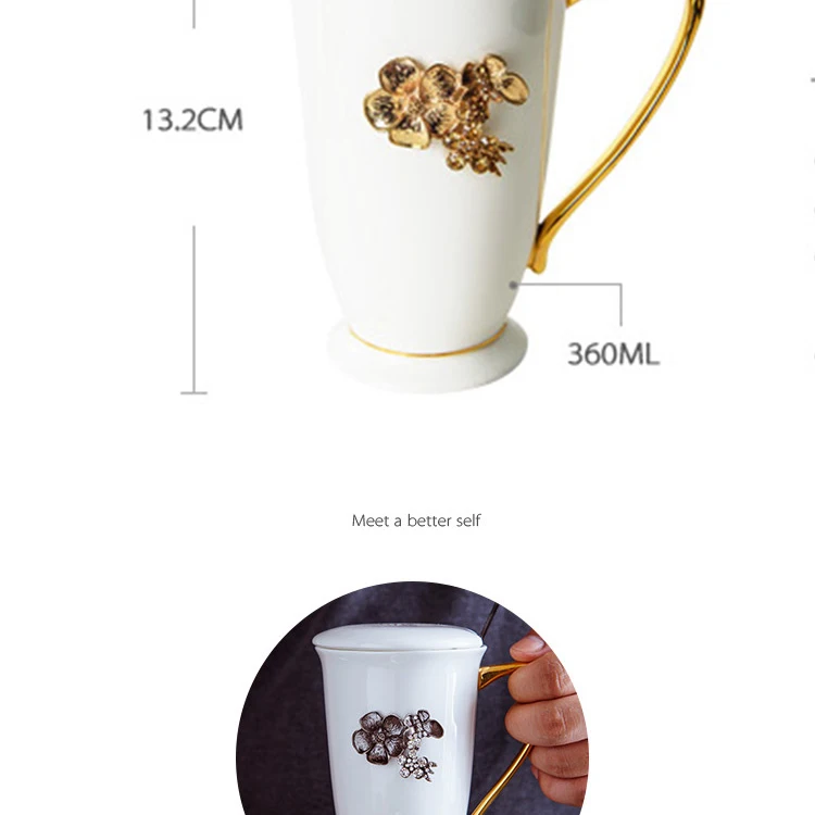Wourmth Золотая Цветочная дизайнерская кофейная чашка, креативный подарок, чашка для влюбленных, 3D керамическая кружка, стразы, декоративная чашка и блюдце
