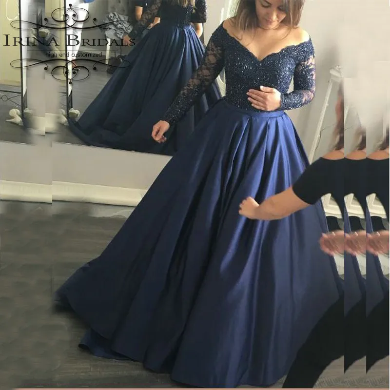 

robe mariee Low Cut Deep V-Neck Lace Appliqued Long Sleeve Shiny Dark Blue Wedding Dress