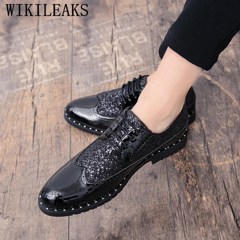 Mode Zapatos Noir Chaussure Homme or Noir Verni Masculine Hommes 2019 Hombre En Chaussures Or Formelle Affaires Sequin Cuir Robe qvzFtZ