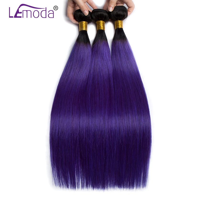 Ombre 3 Bundles With Frontal Brazilian Straight Human Hair Bundles With Closure Color 1BPurple LeModa Remy Hair Extension (1)