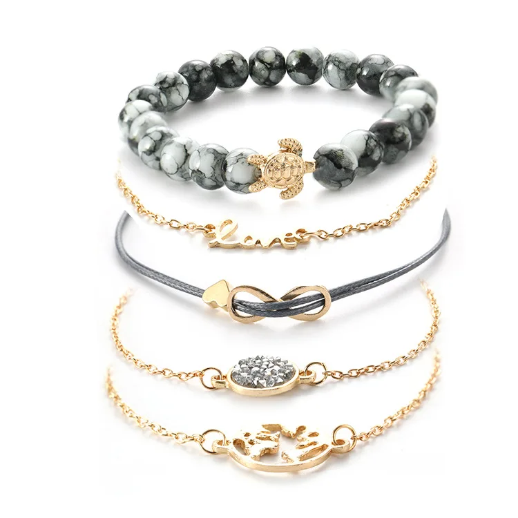 

Weaving love 8-letter map of the world turtle ash beads crystal pine stone bracelet set of five wholesale