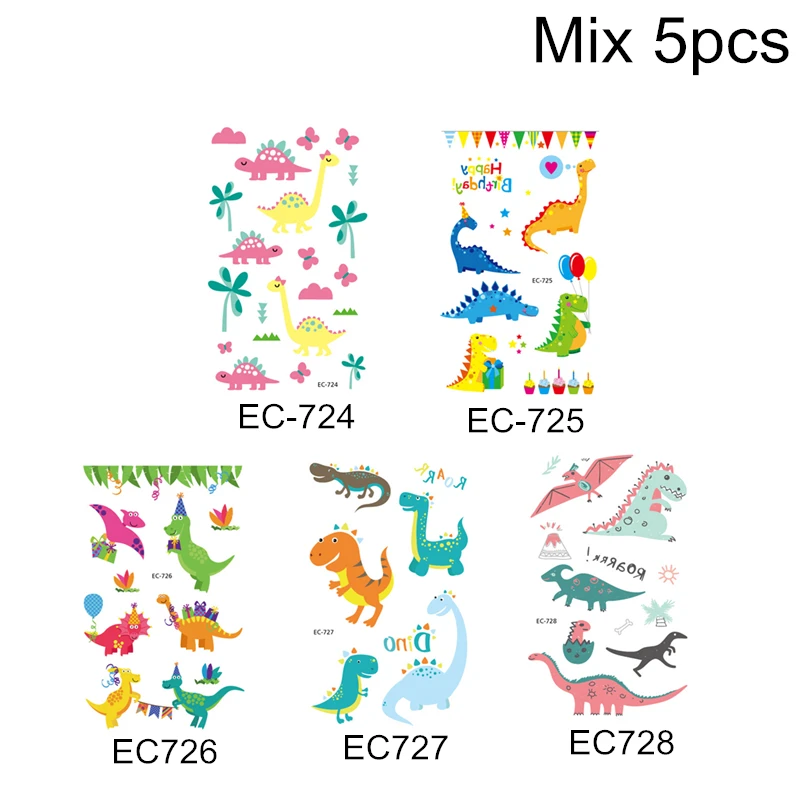 Микс 5 шт./лот, милый мультяшный динозавр, тату наклейка для рук, временная, водонепроницаемая, временная татуировка, наклейка для лица, для детей, Q