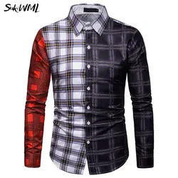 SUKIWML мужская одежда рубашки для мальчиков Мода 2019 г. Сорочки мужские Slim Fit Бизнес Мужские рубашки в клетку лоскутное цвет с длинным рукавом