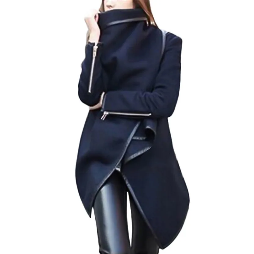  2019 New Women Autumn Winter irregular Bow Zippers Sleeve Long Warm Coat Wool Jacket Parka Windbreaker #4M21 (8)
