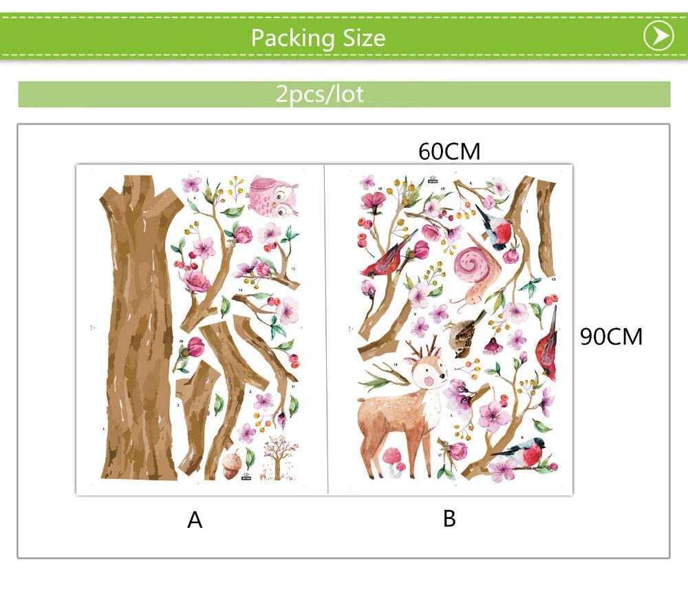 2 шт./лот Наклейка на стену с изображением птиц, оленей, дерева, ТВ-фон, украшение для дома, сделай сам, плакат на стену, для спальни, для детей, настенная палочка, упаковка для ведра