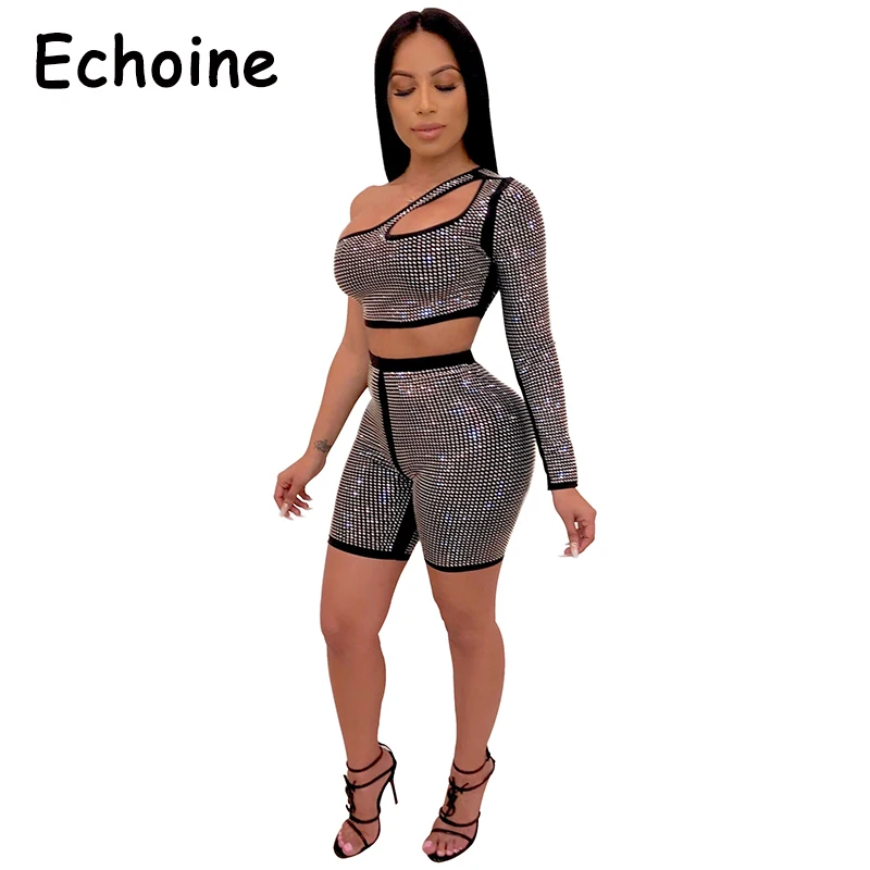 

Echoine Two Pieces Set Diamonds Decoration One Shouder Hollow Short Tops + Pants 2019 New Fashion Sexy Party Night Clothing